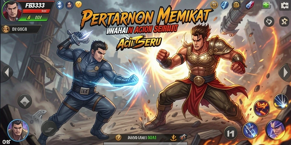Screenshot gameplay FB333 menunjukkan aksi pertarungan mendebarkan dan karakter unik.