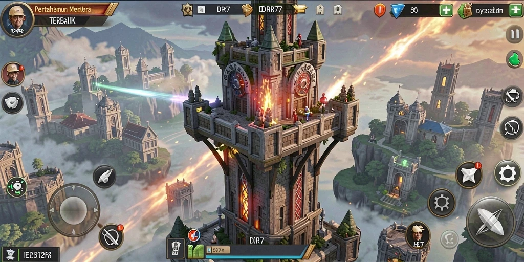 Tampilan gameplay IDR77 menampilkan menara dan musuh yang beragam.