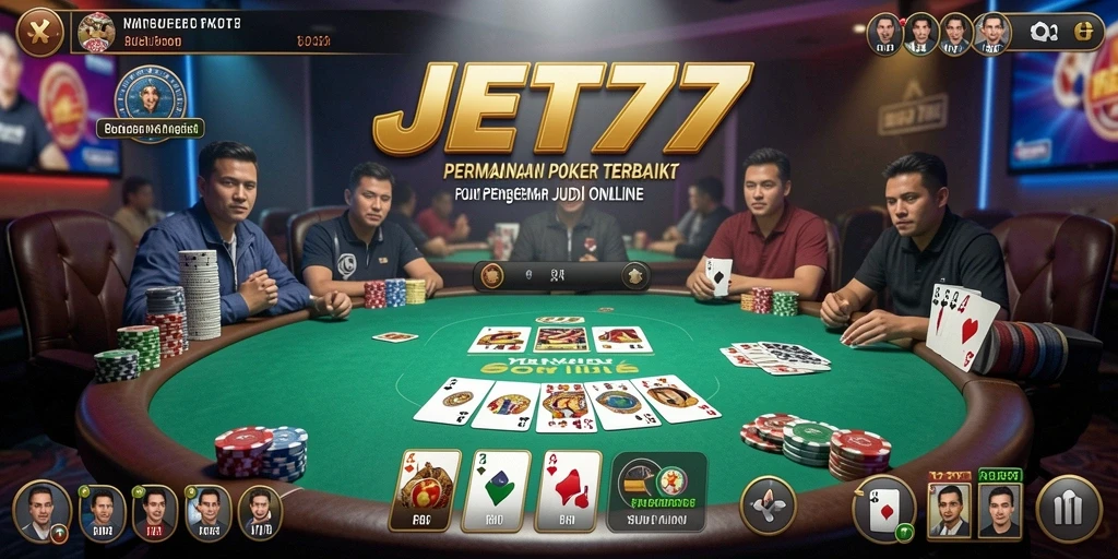 Tampilan utama gameplay JET77 dengan suasana poker yang realistis