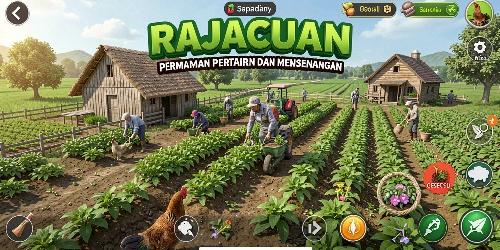 Screenshot menunjukkan gameplay seru dalam <strong>RAJACUAN</strong>, dengan pertanian yang aktif dan interaksi sosial.