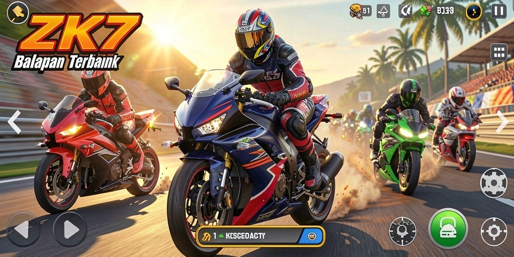 Tampilan gameplay seru di ZK7 dengan motor balap yang cepat.